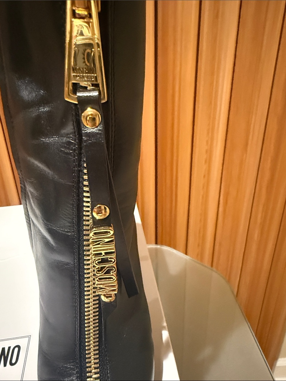 Moschino Black Leather Pointed Toe Mid-Calf Boots with Gold Accents - Picture 3 of 12